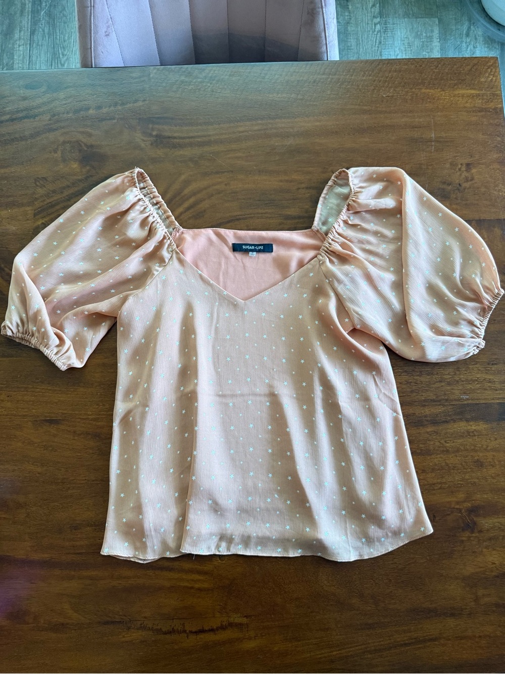 Sugar + Lips Peach Star Print Puff Sleeve Blouse Size Medium